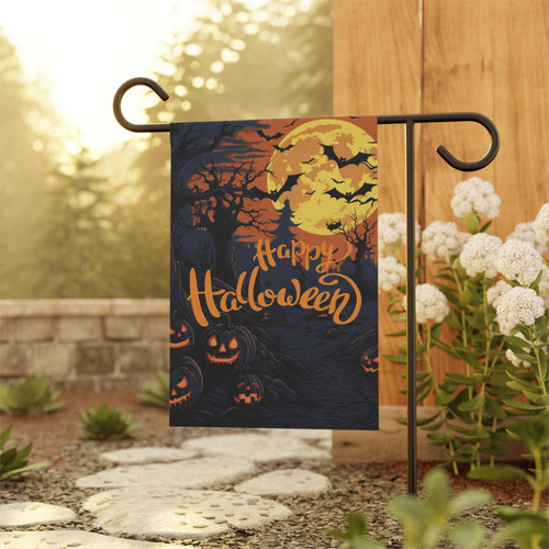 Halloween garden flag with glowing jack-o’-lanterns and bats, vertical yard banner for spooky fall outdoor decor | Familywalldecor