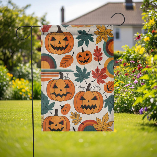 Retro Halloween garden flag with vintage jack-o'-lantern and fall leaves, charming outdoor decor for yard or porch display | Familywalldecor