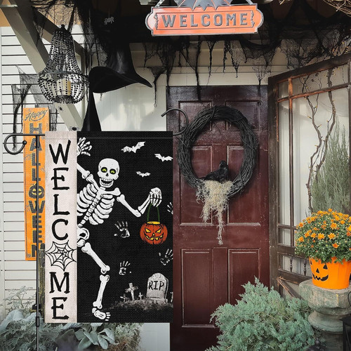 Spooky skeleton Halloween garden flag for outdoor yard decor, vertical banner with grinning bones motif for seasonal display | Familywalldecor