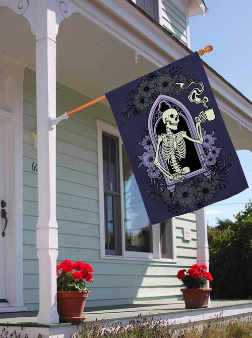 Skeleton with flowers Halloween house flag, vertical yard decor for spooky season, gothic floral motif for porch or garden | Familywalldecor