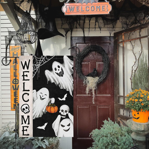 Spooky ghost garden flag, double-sided burlap Halloween outdoor yard decor for front porch or garden path seasonal display | Familywalldecor