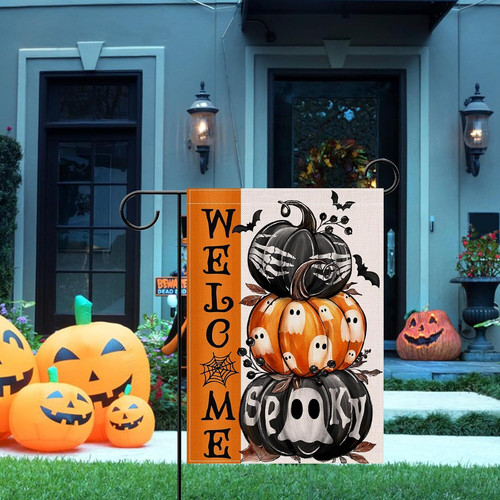 Spooky Halloween pumpkin garden flag with playful ghosts and skeletons, festive outdoor yard and lawn decor display | Familywalldecor