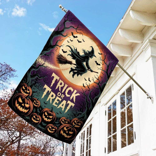 Halloween garden house flag with spooky witch and Trick-or-Treat text, outdoor yard decor for fall porches and lawns. | Familywalldecor