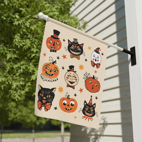 Spooky vintage Halloween garden flag featuring black cat and jack-o'-lantern pumpkin folk art for outdoor porch and garden decor | Familywalldecor