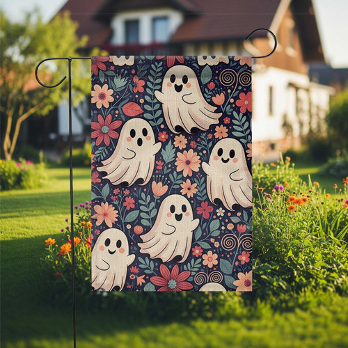 Halloween garden flag with cute whimsical ghosts and florals for outdoor fall decor, vertical yard flag for porch entryway | Familywalldecor