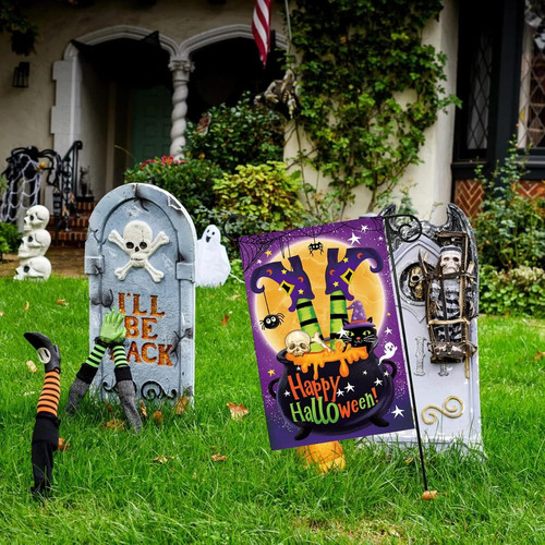 Witch cauldron Halloween garden flag for outdoor yard decor, moon backdrop and mailbox charm add spooky seasonal curb style | Familywalldecor