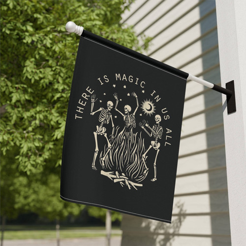 Witchy Halloween house flag featuring a dancing skeleton design for spiritual yard decor and mindful garden vibes. | Familywalldecor