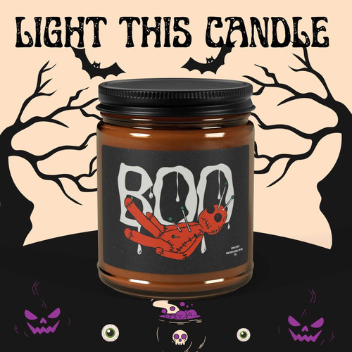 Spooky 'Boo' Halloween soy candle in amber glass jar, funny fall decor for parties, shelves, and entryways at home | Familywalldecor