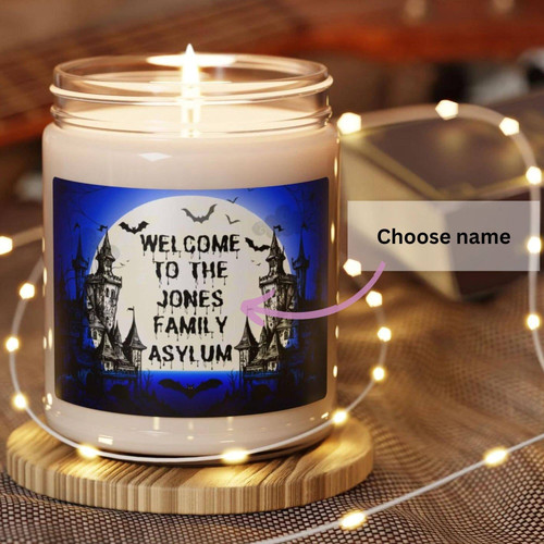 Halloween soy candle featuring 'Welcome to the Asylum' label, personalized with name; spooky decor or gift for horror fans | Familywalldecor