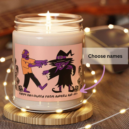 Halloween soy candle in amber jar, custom name and date on spooky label; pumpkin spice scent for autumn mantel decor | Familywalldecor