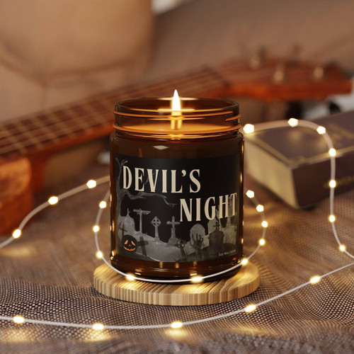 Devil’s Night soy wax candle for dark Halloween decor, a gothic accent that casts spooky vibes on a mantel or shelf. | Familywalldecor