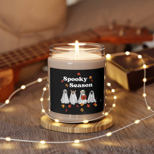 Dog ghost soy wax candle for spooky Halloween decor, featuring a ghost dog motif—perfect for pet lovers' mantel. | Familywalldecor