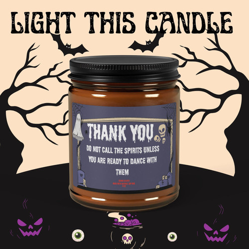 Funny Halloween scented soy candle in amber jar, fall fragrance, spooky party decor accent with witty label, front view | Familywalldecor