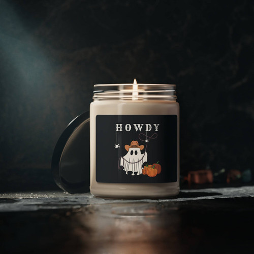 Ghost cowboy Halloween soy wax candle in matte black jar with cotton wick, Western ghost label for spooky mantel decor | Familywalldecor
