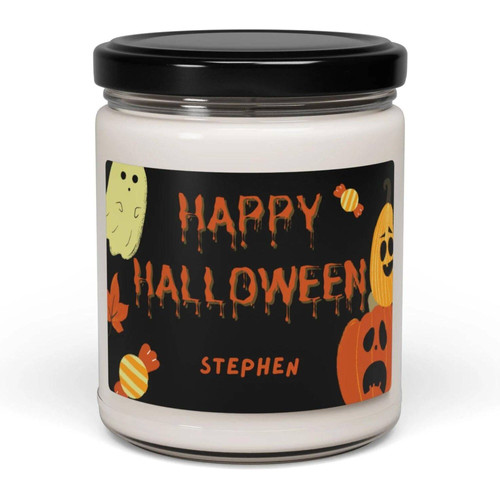 Halloween soy wax candle with personalized name label, cozy autumn home decor and thoughtful spooky season gift. | Familywalldecor