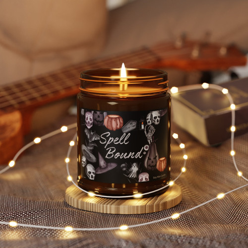 Halloween witchy soy wax candle in black glass jar with moon and stars label, fall home decor for mantel shelf | Familywalldecor