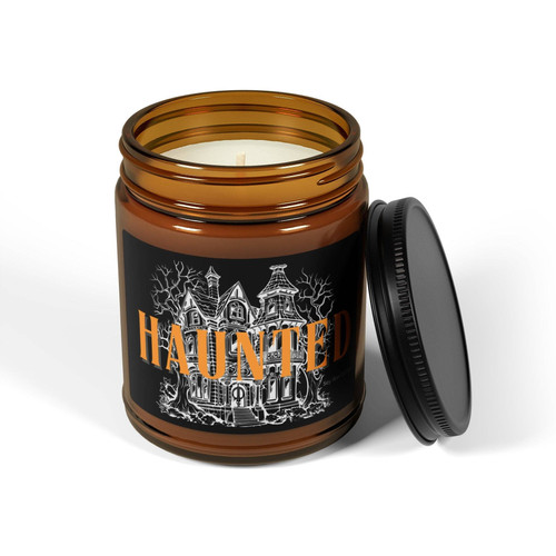 Halloween haunted house soy wax candle in black glass jar with orange label, bats and moon, for spooky season decor | Familywalldecor