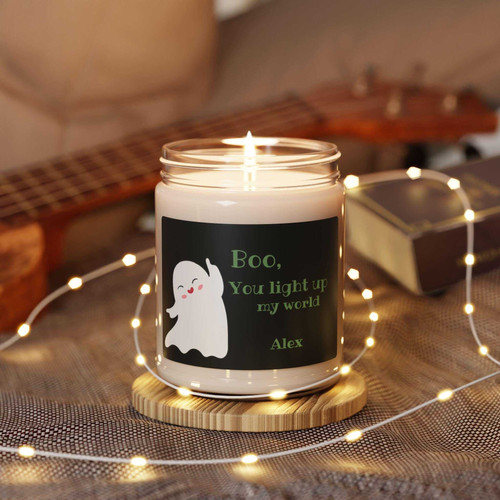 Ghost soy wax candle personalized with name, Boo design for Halloween; spooky decor accent and gift idea for him or her. | Familywalldecor
