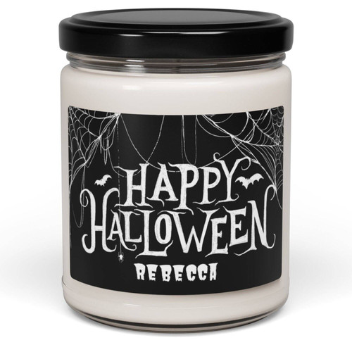 Halloween soy candle with personalized label, custom autumn decor to set spooky season ambiance on mantel or coffee table | Familywalldecor