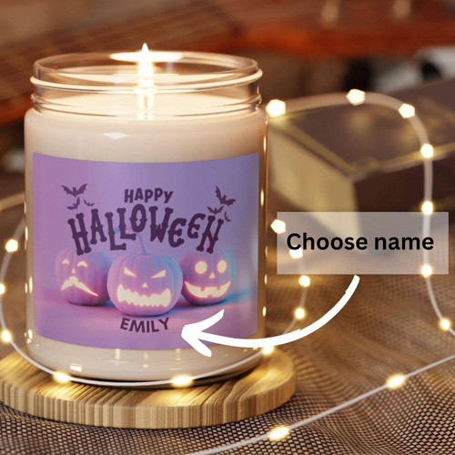 Halloween candle with soy wax and a custom name label, cozy autumn mantel decor and a warm gift for spooky season | Familywalldecor