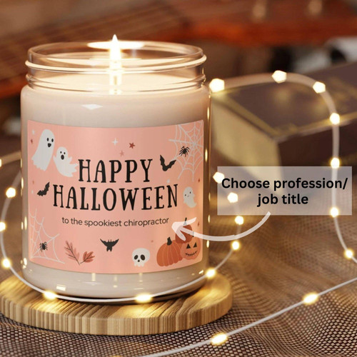 Halloween soy wax candle in amber glass jar, personalized label with names, spooky gift and autumn mantel decor. | Familywalldecor
