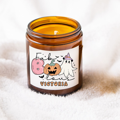 Retro Halloween soy candle with cute vintage label and retro typography, personalized name option, fall scents, autumn decor | Familywalldecor