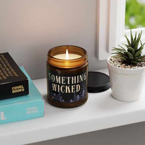 Halloween soy candle with 'Something Wicked' label, witchy fall decor accent for cozy autumn nights and spooky ambiance | Familywalldecor