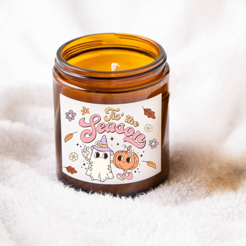 Halloween soy candle with retro 'Tis the Season' label and pumpkin graphic, cute fall decor accent for mantel or shelf. | Familywalldecor