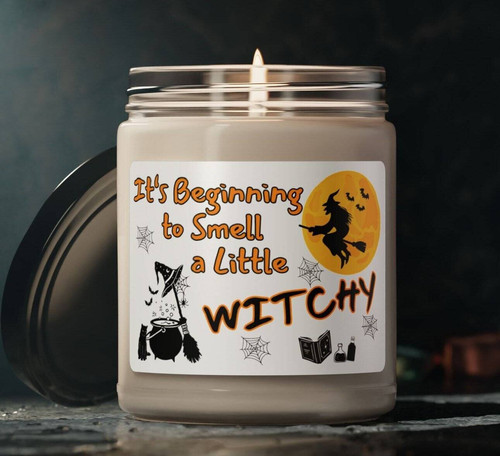 Humorous witch soy candle in amber glass jar with snarky label, cotton wick, fall decor accent for Halloween mantel display | Familywalldecor