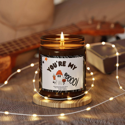 You're My Boo Halloween soy wax candle with cute ghost graphic in glass jar, romantic gift for couples and fall home decor | Familywalldecor