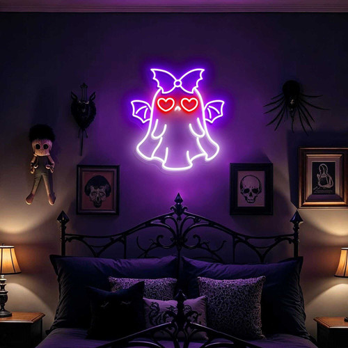 Spooky bat ghost neon sign, gothic Halloween wall art with purple LED glow for kids' room decor, horizontal design | Familywalldecor