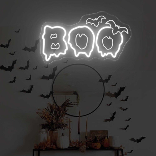 Spooky bat LED light sign with Boo script, personalized neon decor for Halloween bedrooms and dorms, wall-mounted acrylic | Familywalldecor
