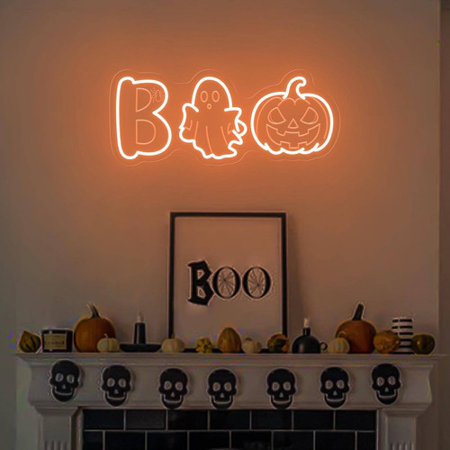 Cute Boo ghost Halloween neon sign for kids' room, white glow with orange pumpkin and spider web, vertical wall decor | Familywalldecor
