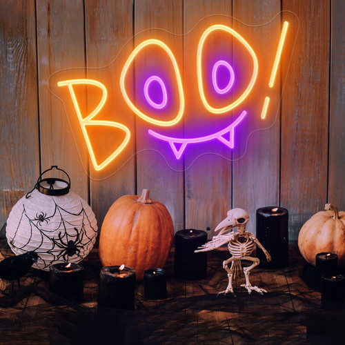 Boo neon sign in purple LED on clear acrylic, cute Halloween wall decor and night light for kids' bedroom, fun gift | Familywalldecor