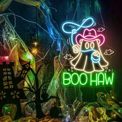 Cowboy ghost neon sign LED wall art for retro western Halloween decor, wall-mounted glow adds spook to bar or game room | Familywalldecor