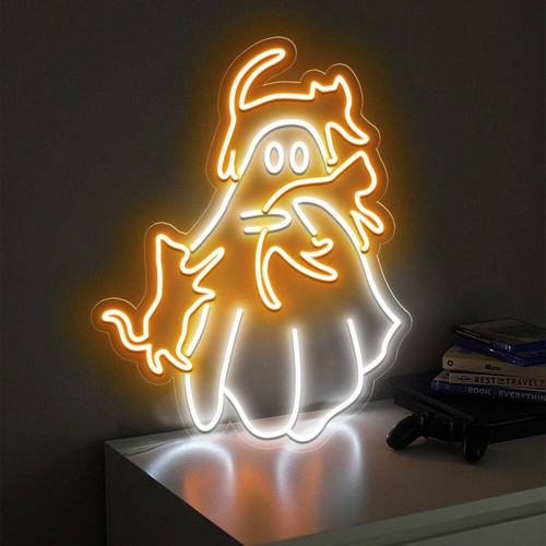 Cat ghost neon sign LED wall decor for Halloween, soft glow accent for cat moms and cozy bedrooms, playful spooky feline vibe | Familywalldecor