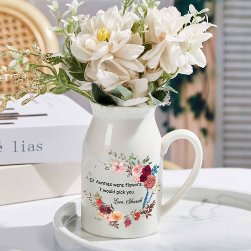Personalized auntie ceramic flower vase with funny quote and custom name, a playful gift for an aunt’s home decor | Familywalldecor