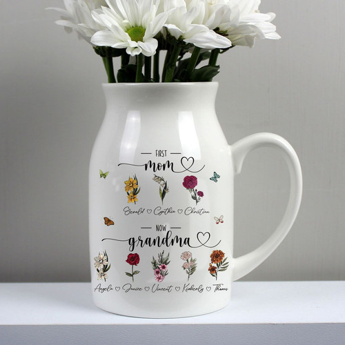 Birth month flower ceramic vase personalized with kids’ names for Mom or Grandma, glossy finish, perfect Mother’s Day gift | Family Wall Decor