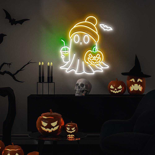Cute ghost neon sign LED light, funny spooky Halloween decor for women, charming fall accent for bedroom, dorm, or party backdrop | Familywalldecor