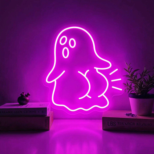 Ghost booty neon sign LED wall light for cute spooky Halloween bedroom decor, cheeky ghost outline glowing on acrylic backing | Family Wall Decor