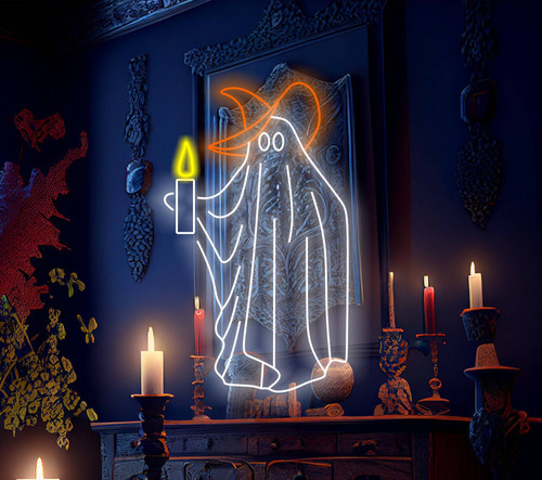 Ghost holding candle neon sign LED wall light for Halloween decor, spooky accent for haunted entryway, hallway, living room | Familywalldecor