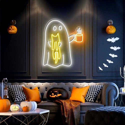 Halloween ghost coffee neon sign with cat silhouette and steaming cup, orange-white glow, wall-mounted spooky café decor | Familywalldecor