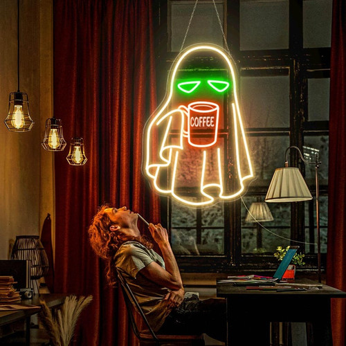 Halloween ghost coffee neon sign; ghost with steaming mug, warm white glow for home coffee bar spooky wall decor | Familywalldecor