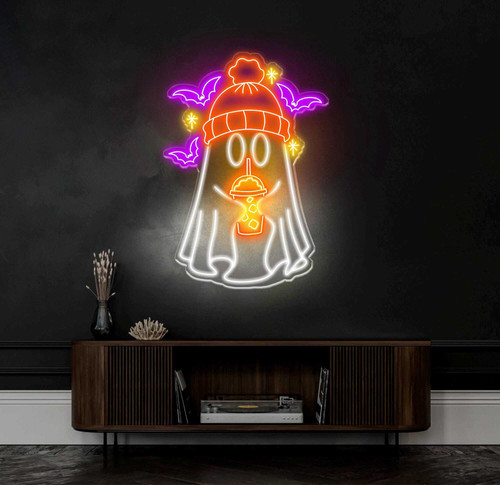 Halloween ghost coffee neon sign in orange LED glow, ghost holding cup, wall-mounted above a coffee bar for cozy fall decor | Familywalldecor