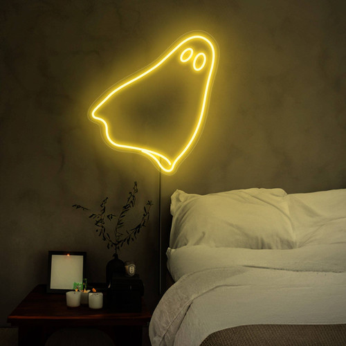 Ghost neon sign LED wall decor in warm white on cut-to-shape acrylic, wall-mounted for kids’ bedroom Halloween style | Familywalldecor