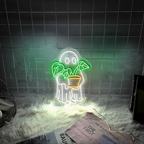 Halloween ghost plant neon sign wall hanging, cute indoor decor for plant lovers and a sweet gift for mom's living room | Familywalldecor