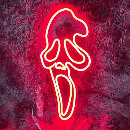 Scream Ghostface Neon Sign in crisp white LED, wall-mounted portrait design for bedroom decor, perfect for horror fans. | Familywalldecor