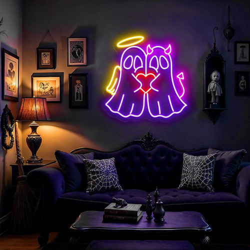 Halloween neon sign with angel, devil, and ghost icons, spooky wall art for couples' gothic bedroom decor aesthetic | Familywalldecor