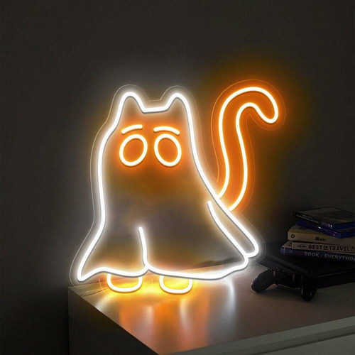 Halloween cat ghost neon sign LED wall decor with warm white glow, cute outline on clear acrylic, bedroom accent for cat moms | Familywalldecor