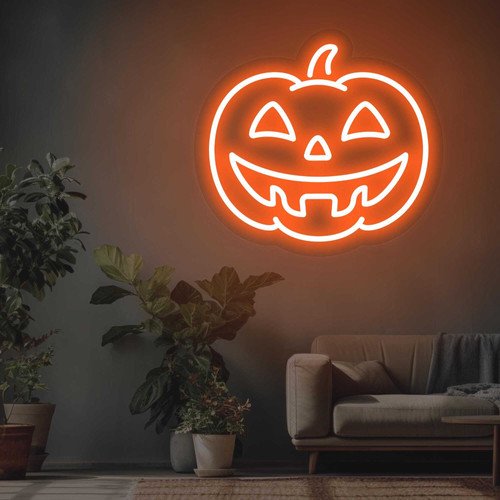 Halloween pumpkin neon sign in vivid orange led, jack-o-lantern outline on clear acrylic, hanging chain, perfect for wall party decor | Familywalldecor